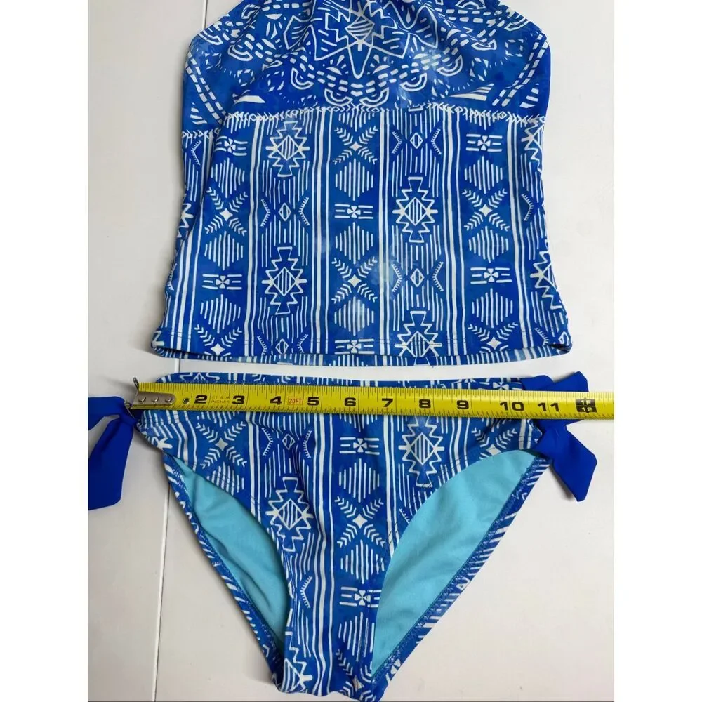 Breaking Waves Girls Size 10 Blue White Tankini Swimsuit 2 Piece UPF Beach Pool